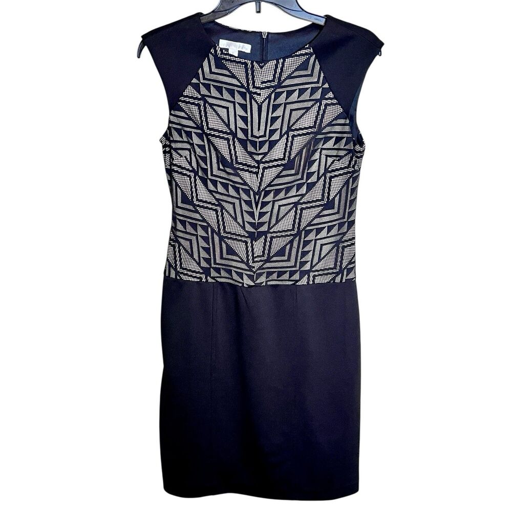 London Times Sleeveless Dress Size 6 Black And Beige With Black Lace Overlay